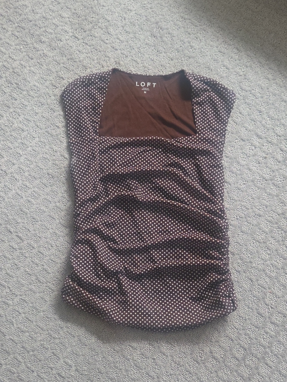 LOFT Brown Polka Dot Square Neck Cap Sleeve Top